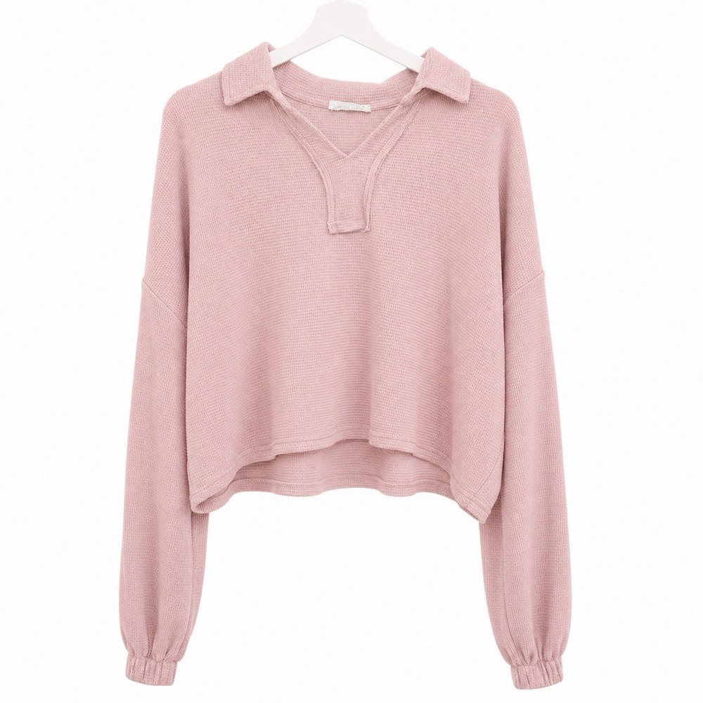 Charolotte Avery Thermal Waffle Knit Blush Pink Cozy Cropped Rugby Pullover Med